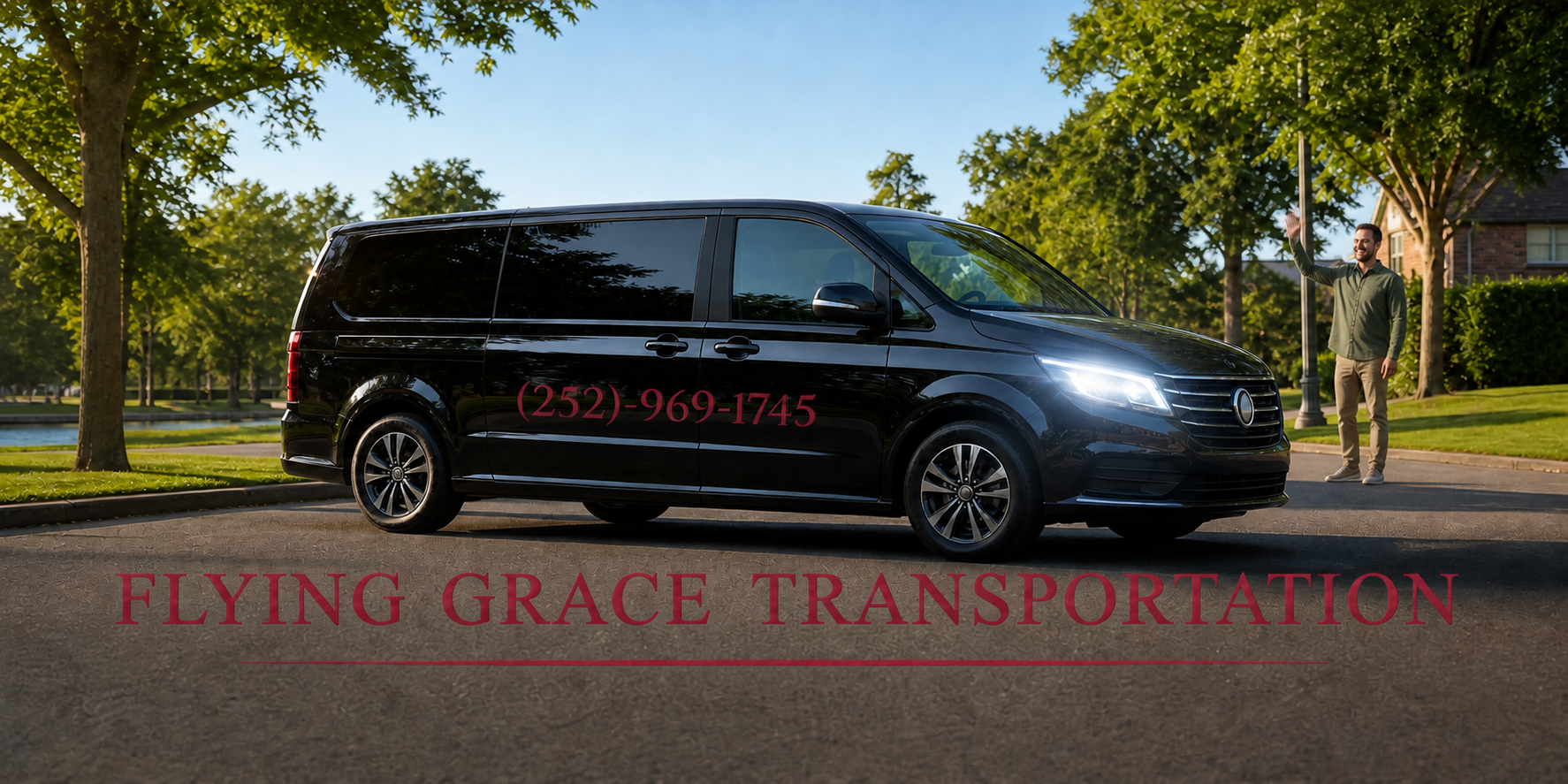 Flying Grace Transportation black van with company name and phone number